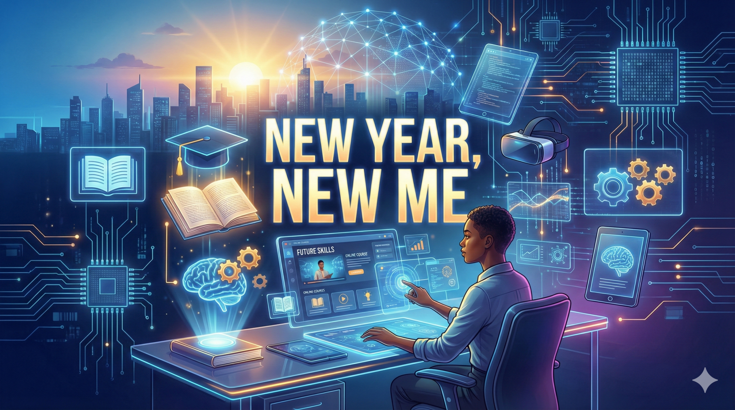 A futuristic illustration featuring large, glowing text that reads "NEW YEAR, NEW ME" against a city sunrise. A person sits at a desk using a high-tech holographic interface for online learning, surrounded by glowing symbols of education and technology like books, brains, and VR gears.