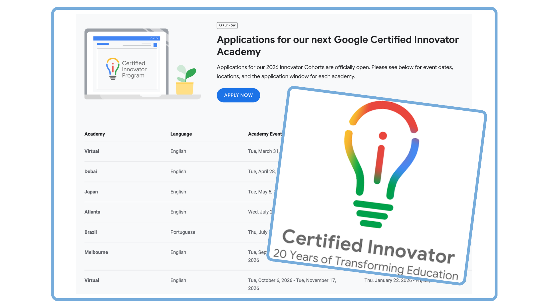 Google Certified Innovator Academy applications